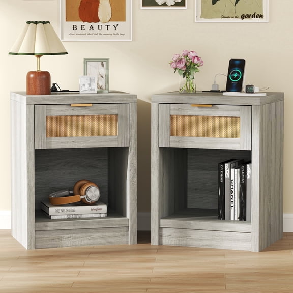 ARKANTOS Rattan Nightstand with Charging Station Set of 2 Bedside Table with Drawers Mist Oak