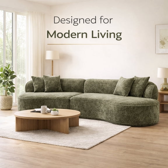 GOMYHOME Curved 4-Seat Sectional Sofa, Modern Boucle Upholstered Living Room Couch, Olive Green