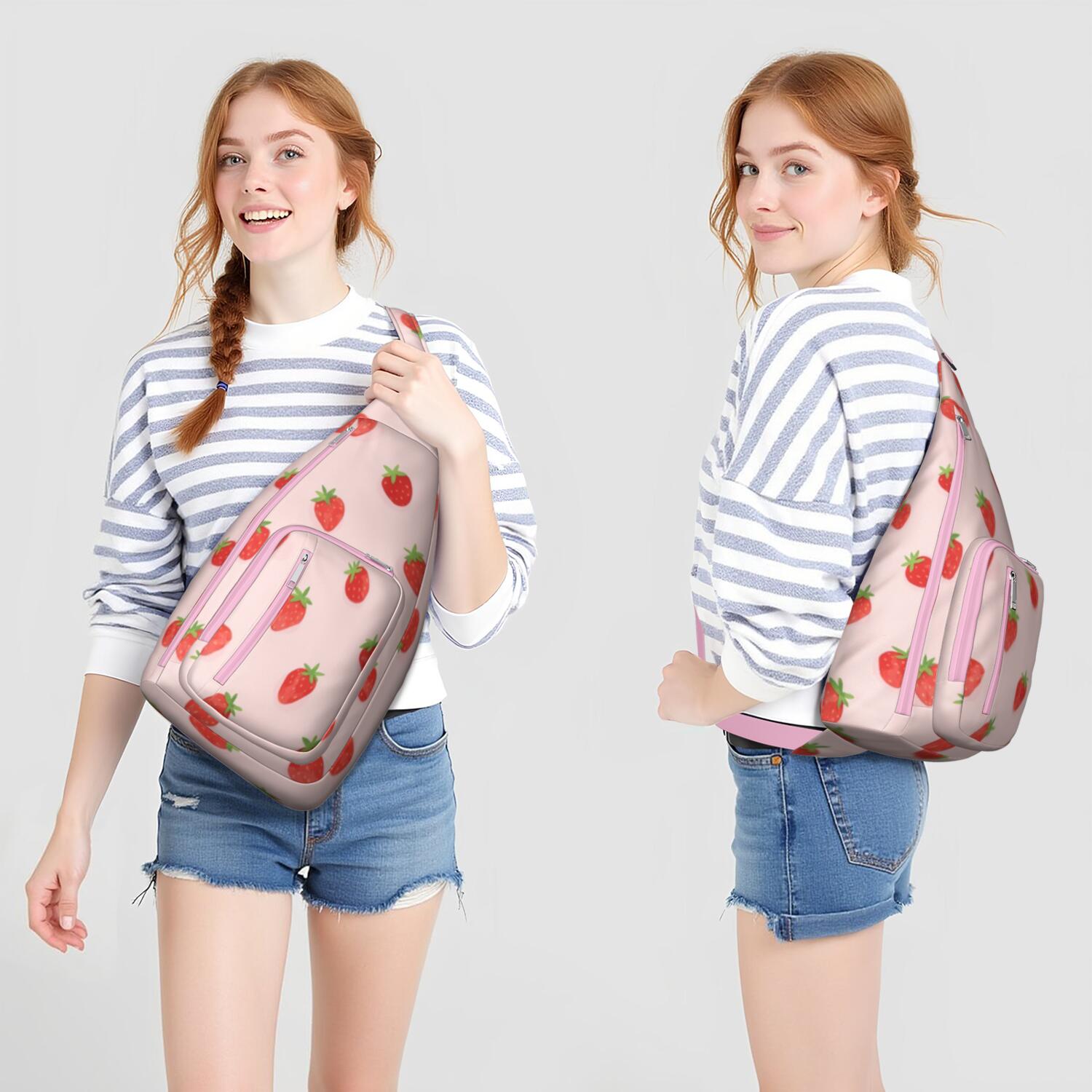 Crossbody Sling Bag for Men with Adjustable Shoulder Strap Shoulder Backpack Chest Bag Travel Hiking Casual Daypack Strawberry