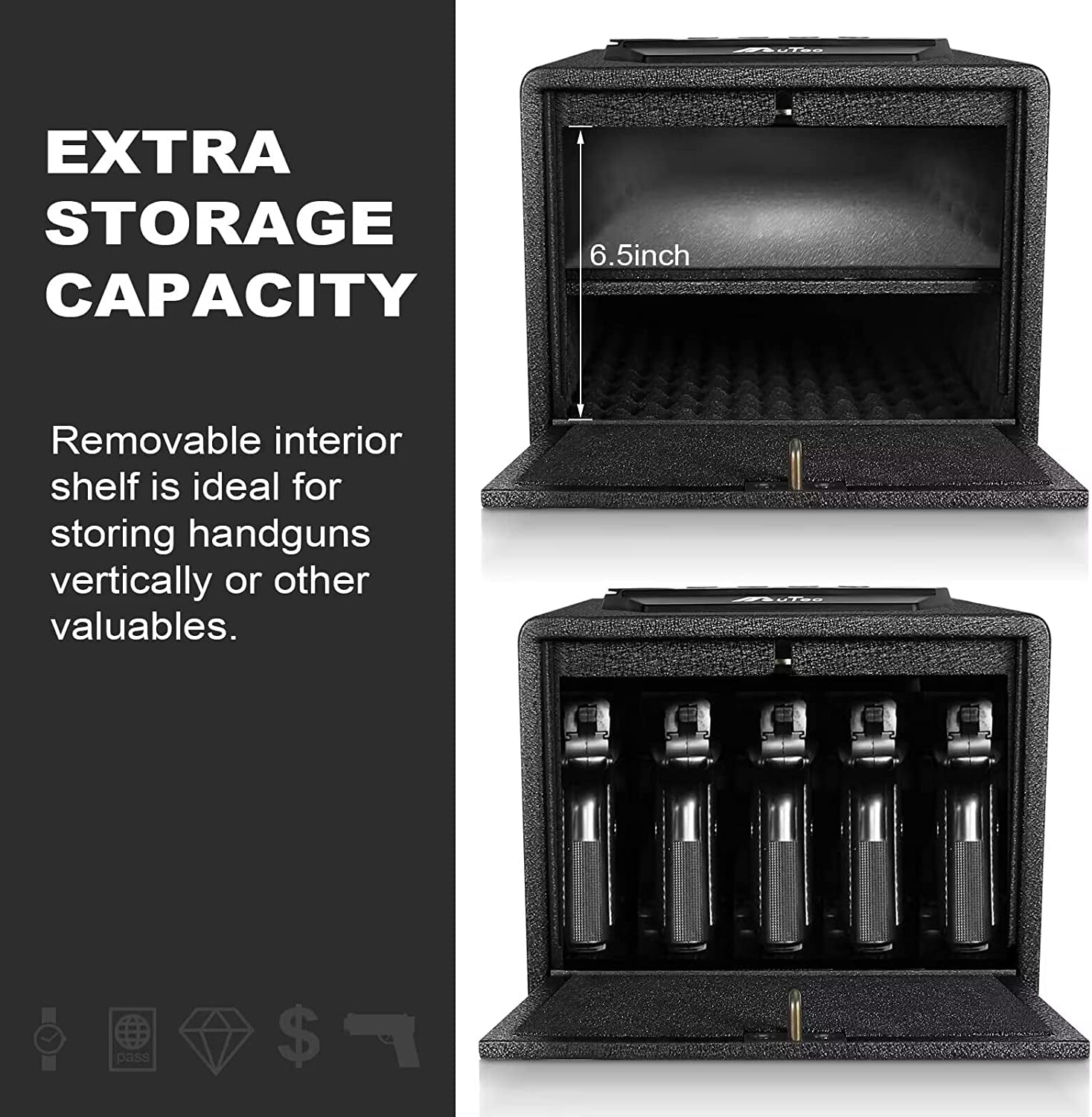 Biometric Handgun Safe, Quick Access Fingerprint Multifunction Pistol Safe with Pop-Open Door and Removable Interior Shelf, Hand Gun Safe Firearm Case Box - Biometric/Keypad/Key Access,Silent Mode