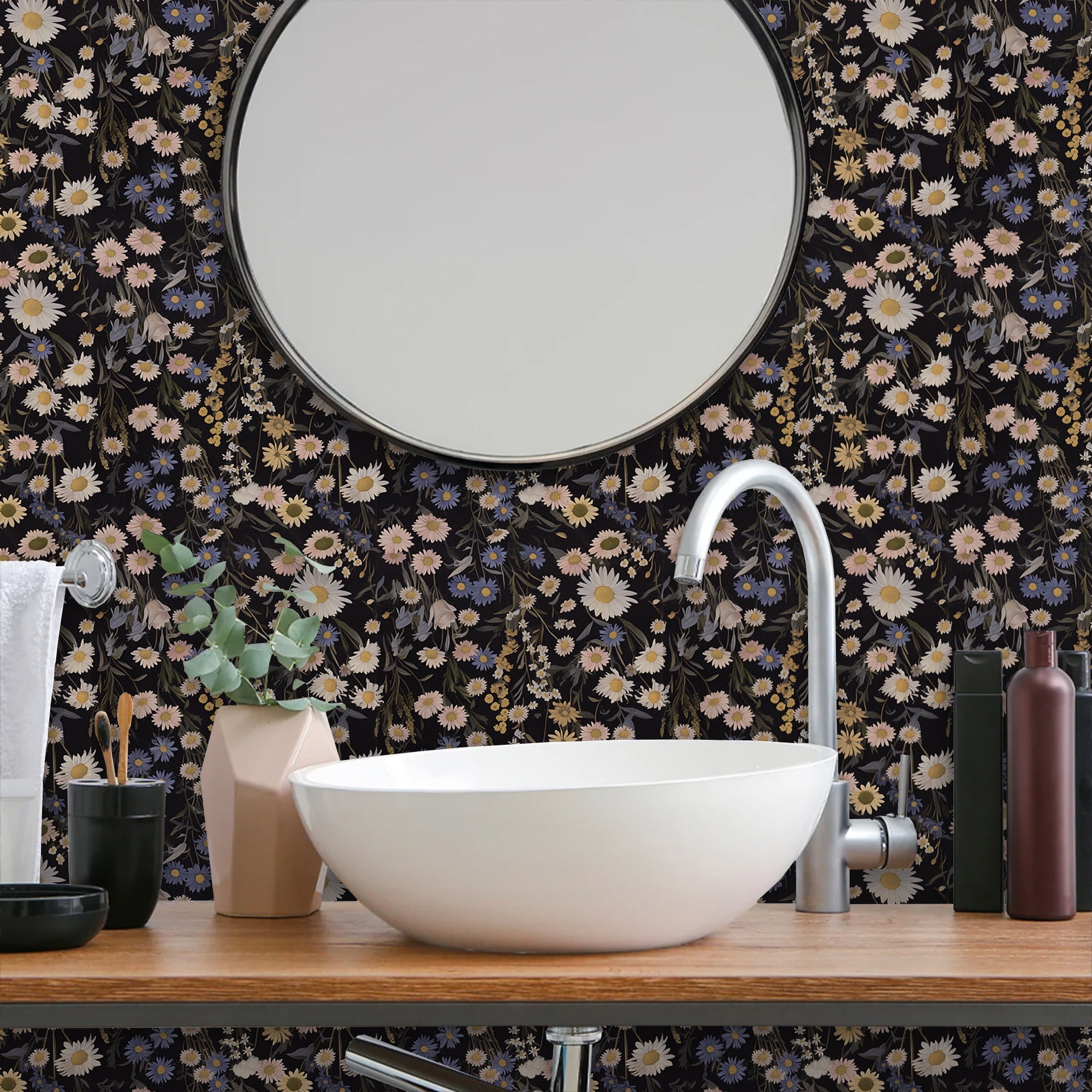 (4 pack) UMIGGEE Floral Wallpaper Peel and Stick Wallpaper Self Adhesive Black Wall Paper Contact Paper 17.3-in x 118-in Home Decor Wall Covering Old Furniture Renovation