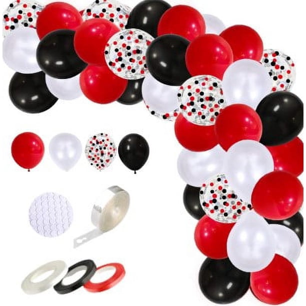 Kit de arco de guirnalda de globos rojo, negro y blanco DIY, 12 10 globos de confeti de látex con globos rojos, negros y blancos, tira de arco de 16 pies para cumpleaños de circo y barbacoa