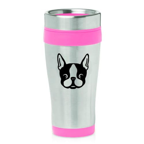 16oz Insulated Stainless Steel Travel Mug Coffee Mug Tumbler Boston Terrier Puppy (Pink)