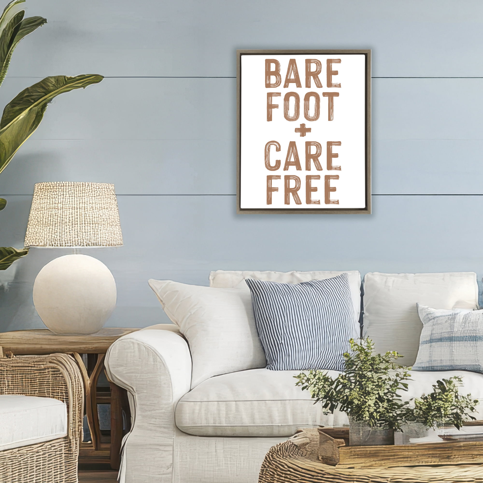Barefoot Carefree Summer Sentiment Brown Framed Floater Canvas Wall Art, design by Lettered and Lined