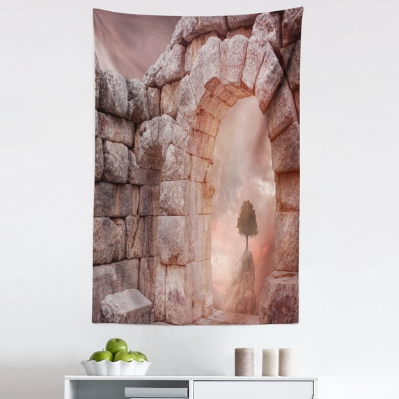 Landscape Tapestry, Medieval Building Ruins with Lonely Tree on Hill Misty Greek Architecture, Fabric Wall Hanging Decor for Bedroom Living Room Dorm, 5 Sizes, Warm Taupe, by Ambesonne