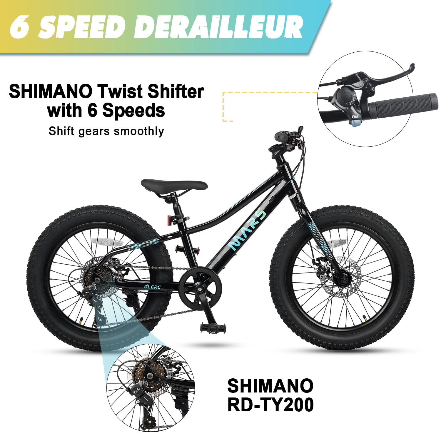 Glerc Mars Kids Mountain Bike, 20 Inch Fat Tire Bike for Teen Ages 6-12 Year Old, Bicycle with 2.8-Inch Wide Tires and 6 Speed Drivetrain,Black