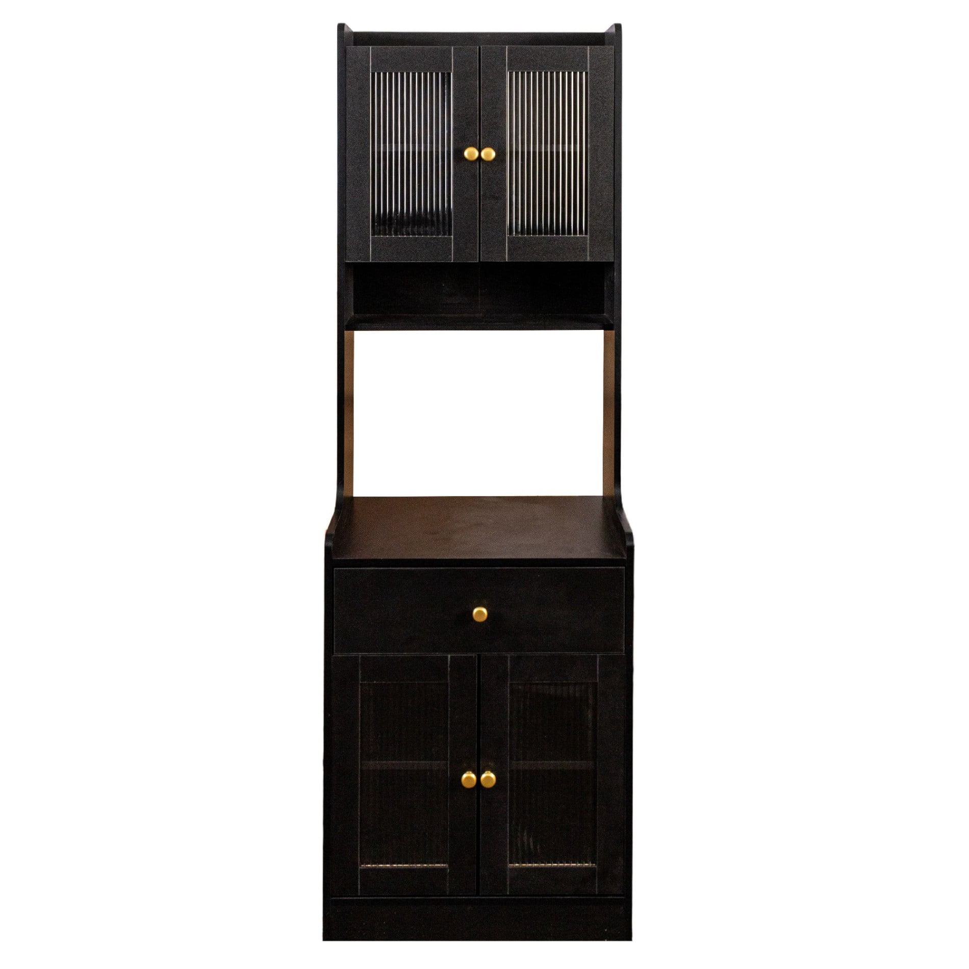 Kitchen Pantry Hutch Cabinet, Farmhouse Buffet Sideboard with Microwave Stand, Coffee Bar Cabinet with Storage Shelves and Drawer, Black