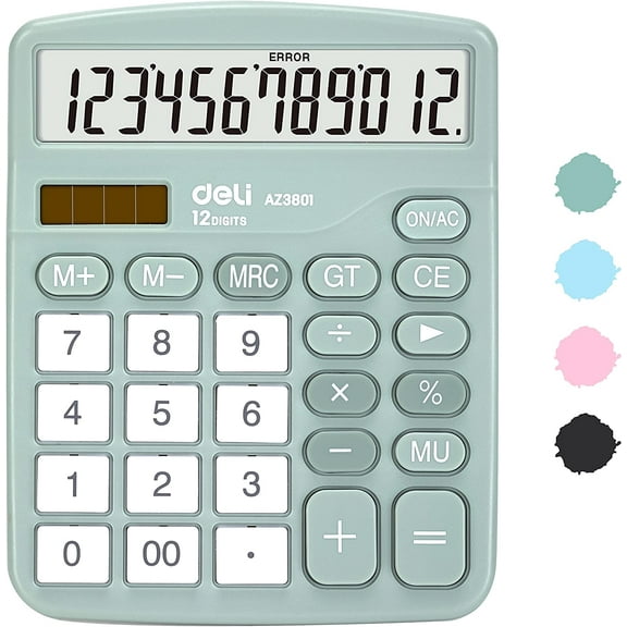 Calculator, Standard Function Desktop Calculators with 12 Digit Large LCD Display and Sensitive Button, Solar Battery Dual Power Office Calculator, Green