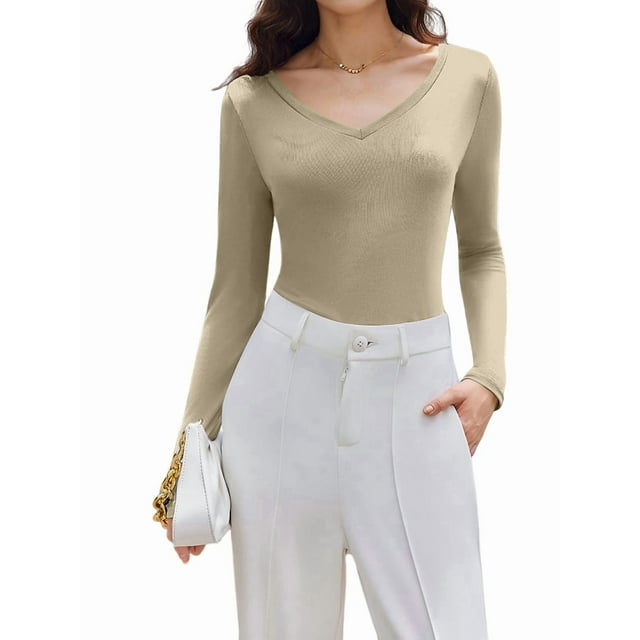 Womens Long Sleeve V Neck Ribbed Knit Fitted Casual Tops Tee Slim Basic Shirt Cream White S