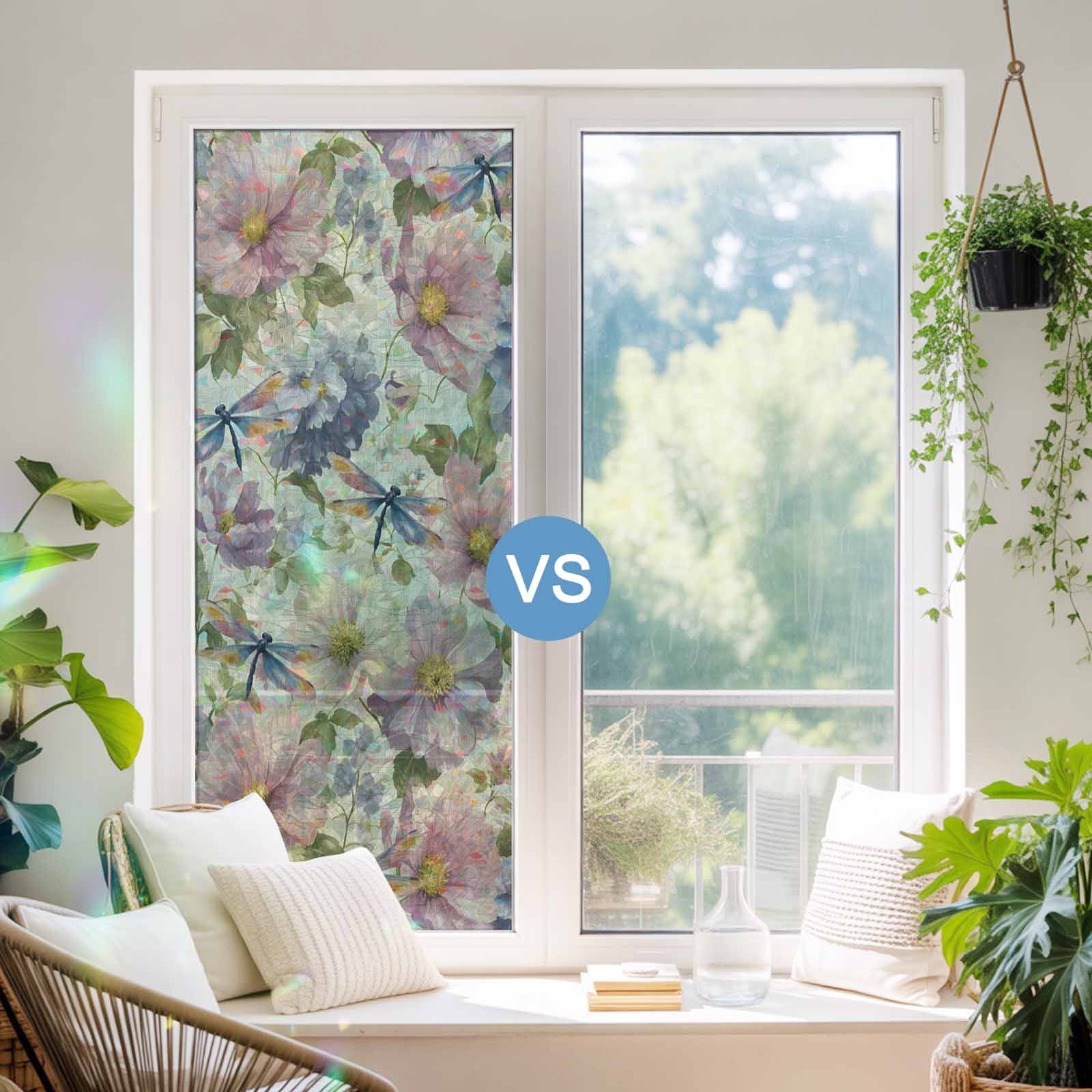 Rainbow Window Privacy Film, Vintage Flowers Static Cling Window Film PVC, Spring Watercolor Floral Dragonflies Beige No Glue UV Blocking Glass Covering, Removable Stained Glass Sticker 23.6''x59''