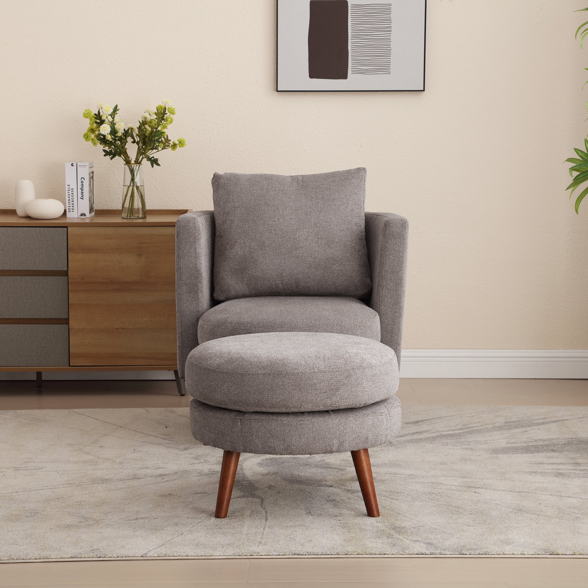 30.7"W Accent Chair with Ottoman,Upholstered Single Sofa with Throw Pillow & High Armrest,Comfort Reading Chair with Wooden Leg for Living Room Bedroom Dorm Room Office,Taupe