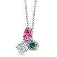thumbnail image 2 of 925 Silver and 10K Yellow Gold Pink Moissanite and Lab Grown Diamond and Blue Moissanite Pendant Necklace for Women | 2.32 Cttw | Pear Shape 8X6MM | Oval 7X5MM | Round 5MM | with 18 inch Chain, 2 of 4