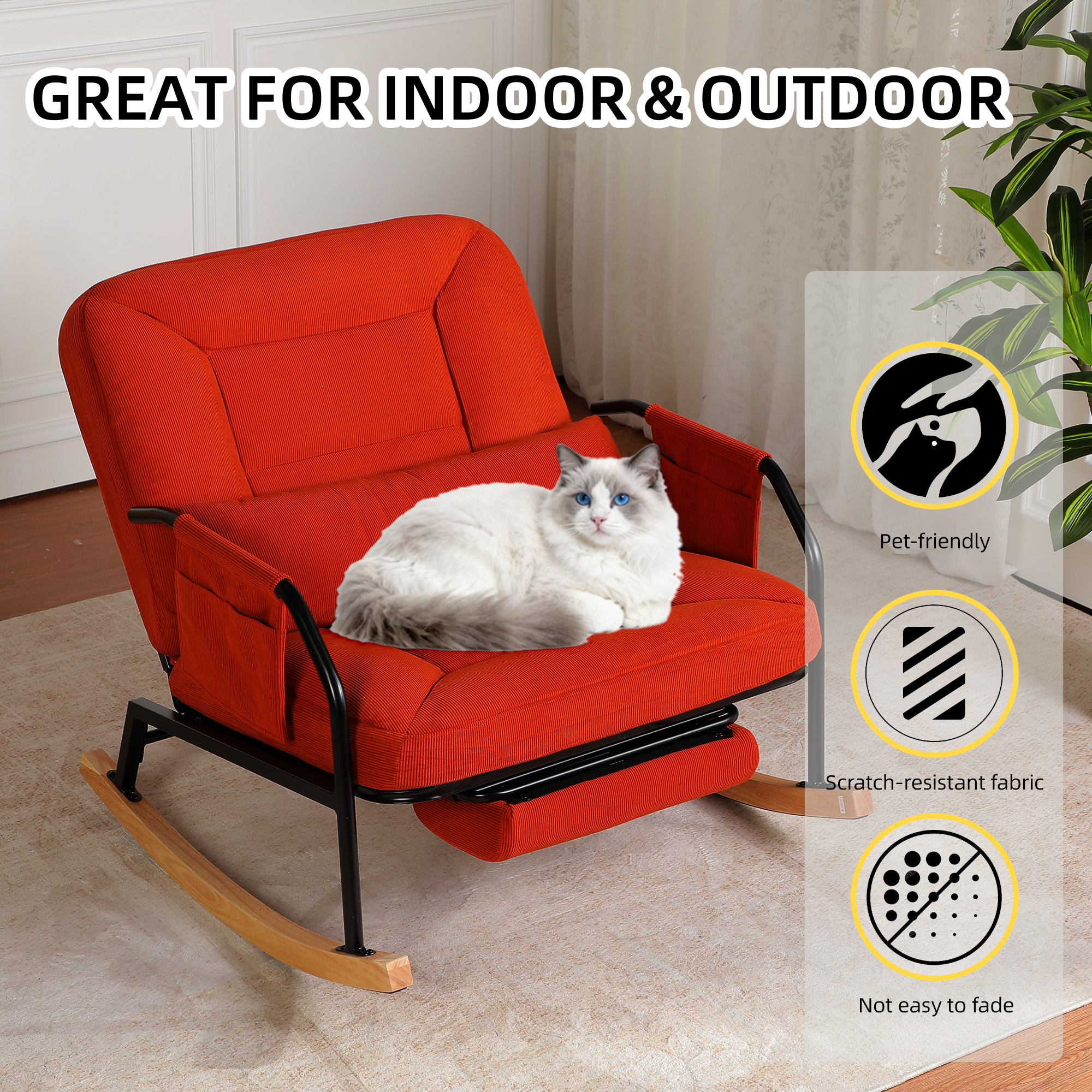 Hforesty Oversized Rocking Chair with Footrest ,Rocker Glider with Metal Farm,Wooden Bottom and Adjustable Backrest for Indoor Use: Balcony, Living Room or Bedroom.(corduroy)BROWN