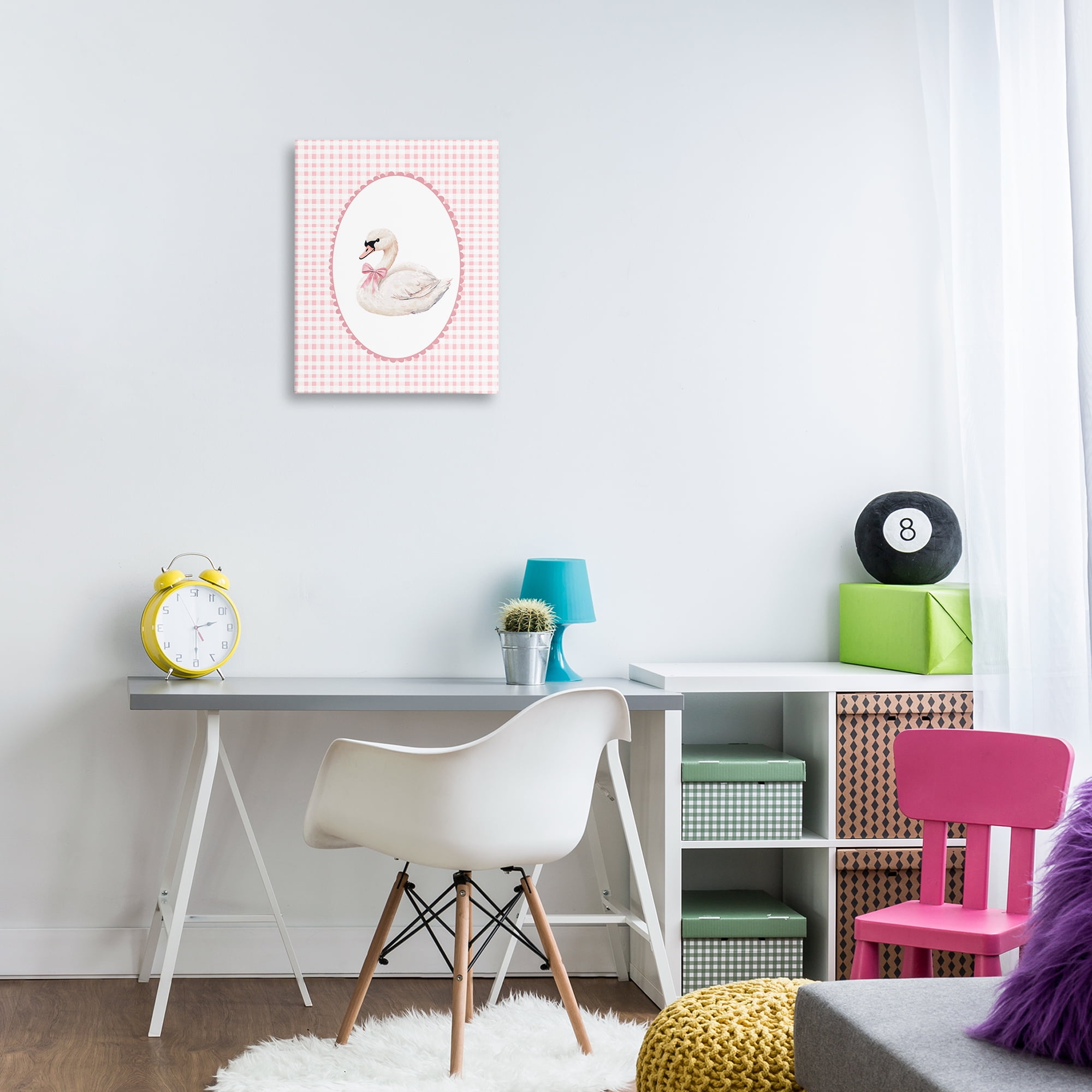 Gentle Swan on Pink Checkered Canvas Wall Art, design by Christine Simpson Art