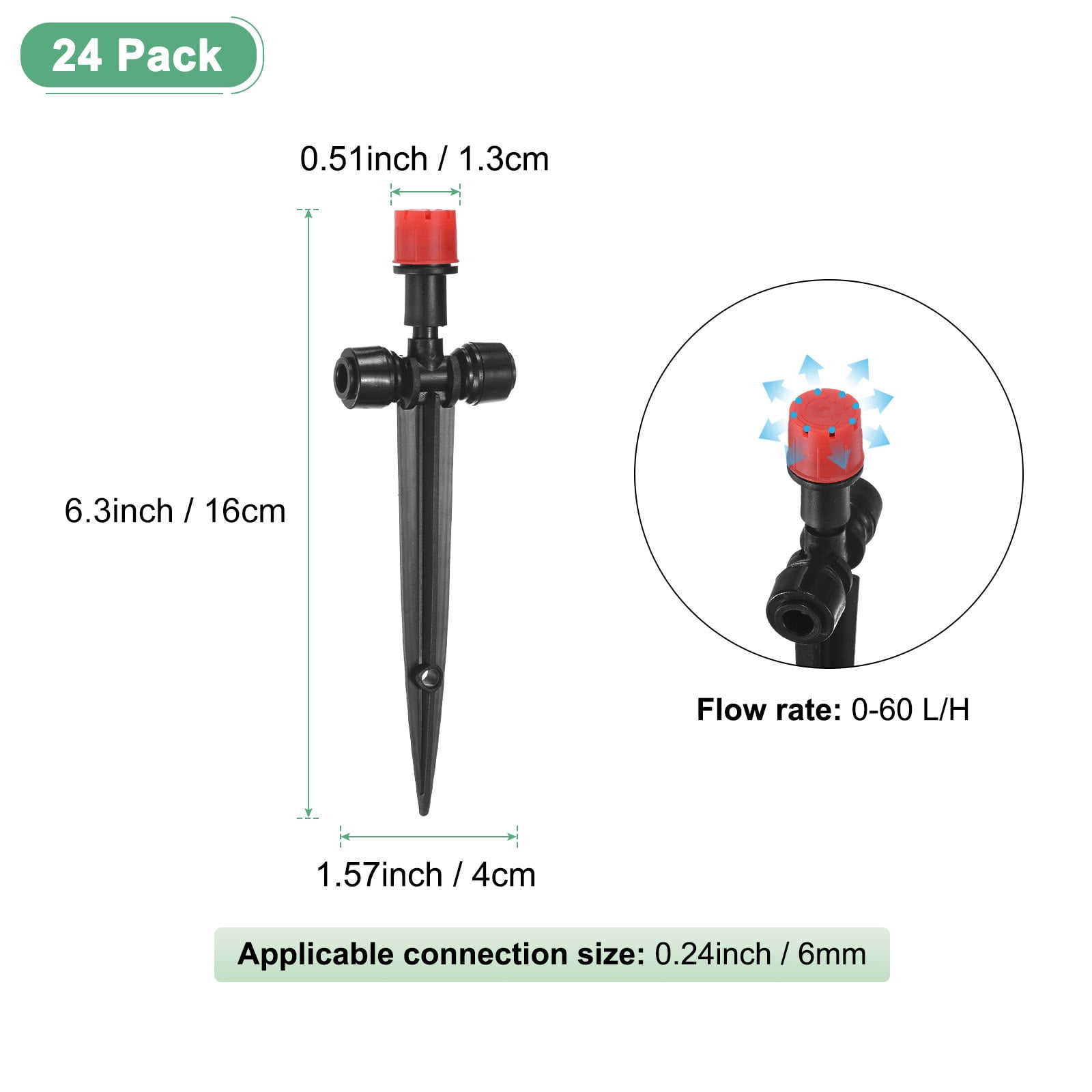 Uxcell 24-Pack Drip Irrigation Emitters, Adjustable 360 Degree Water Flow 8 Holes for 1/4" Tubing [Red, Drip]