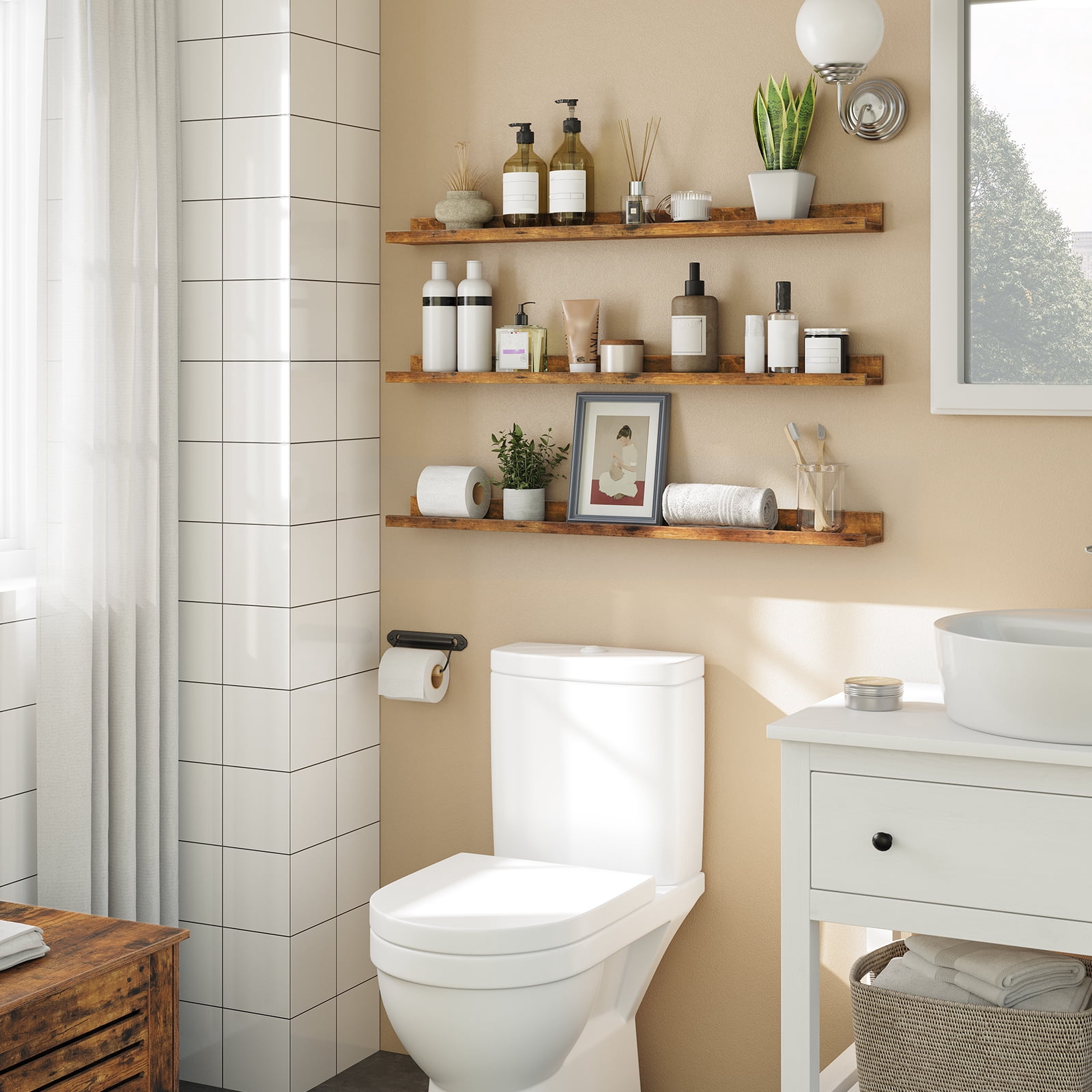 HOOBRO Set of 3 35.4-Inch Floating Wall Shelves with Raised Edge & Invisible Brackets, Rustic Brown