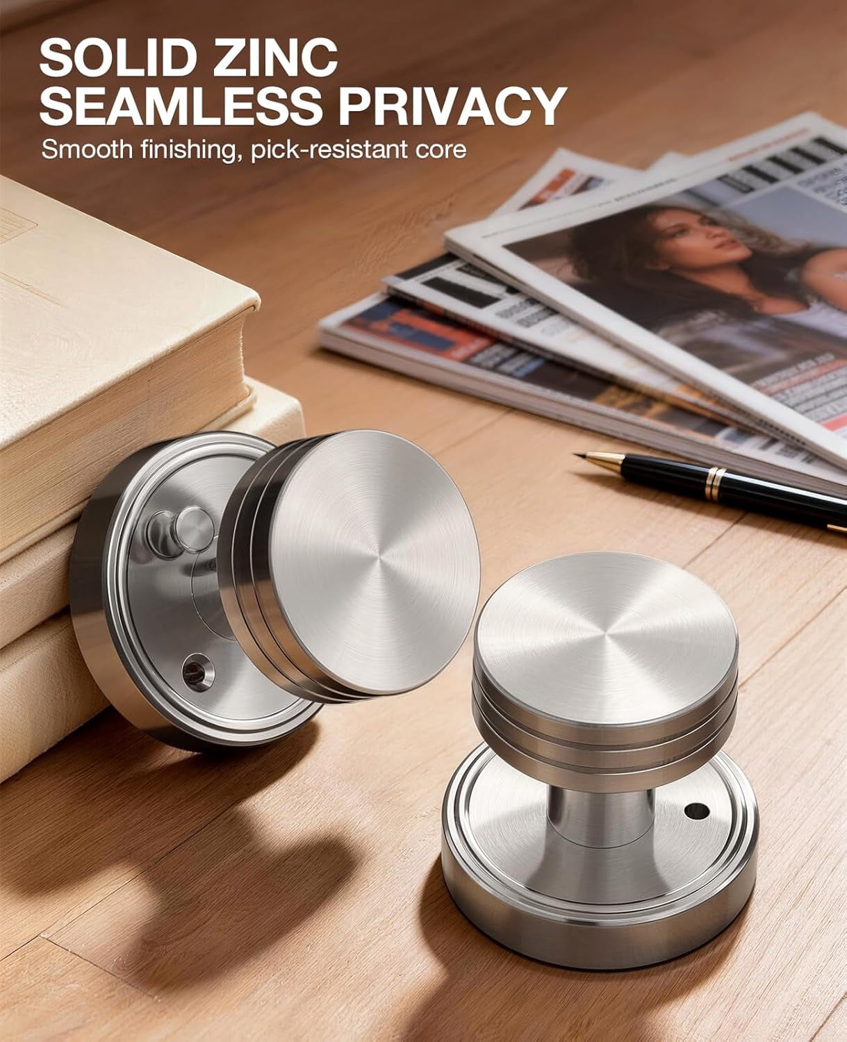 Klamerit Privacy Satin Nickel Door Knobs Heavy Duty Zinc Alloy Round Interior Door Knobs with Lock,for Bathroom & Bedroom