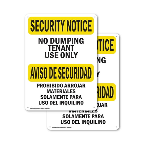 (2 Pack) No Dumping Tenant Only Bilingual OSHA Security Notice Sign 10 Inch X 14 Inch Indoor / Outdoor Rust-Free Aluminum Metal Signs for Workplace, Workshop, and Construction Site,