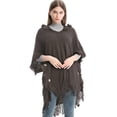 thumbnail image 5 of Suéter de punto bohemio para mujer, Poncho con capucha y botones de talla grande para otoño e invierno, chal de punto a cuadros, capa con borlas, 5 of 5