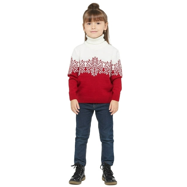 Kmbangi Chandails de Noël Assortis pour la Famille Imprimé Flocon de Neige Couleur Contrastée Col Roulé Manches Longues Pulls Tricotés