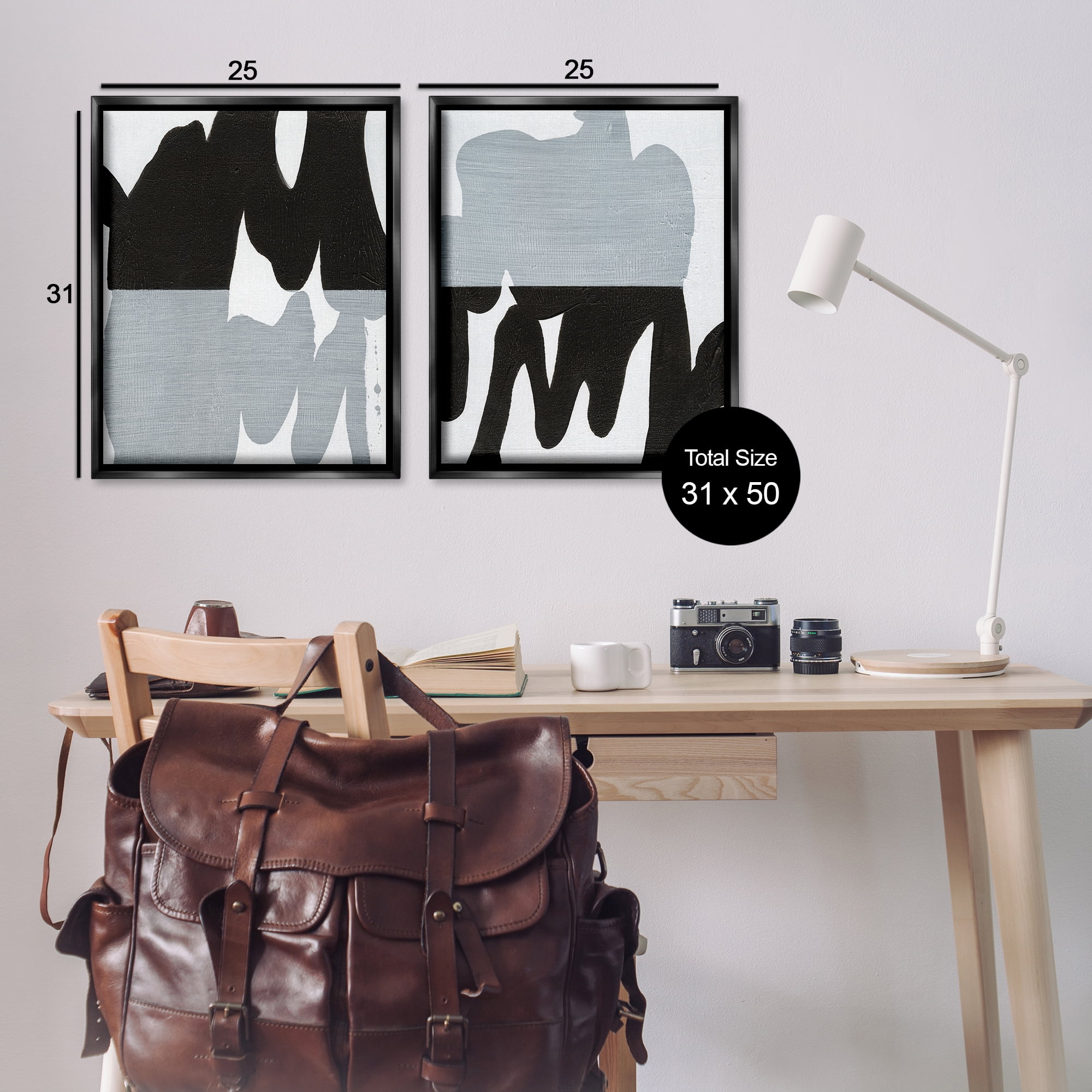 Stupell Industries Veiled Black and White Abstract Abstract Painting Black Floater Framed Canvas Art Print Wall Art, 31 x 25, Set of 2