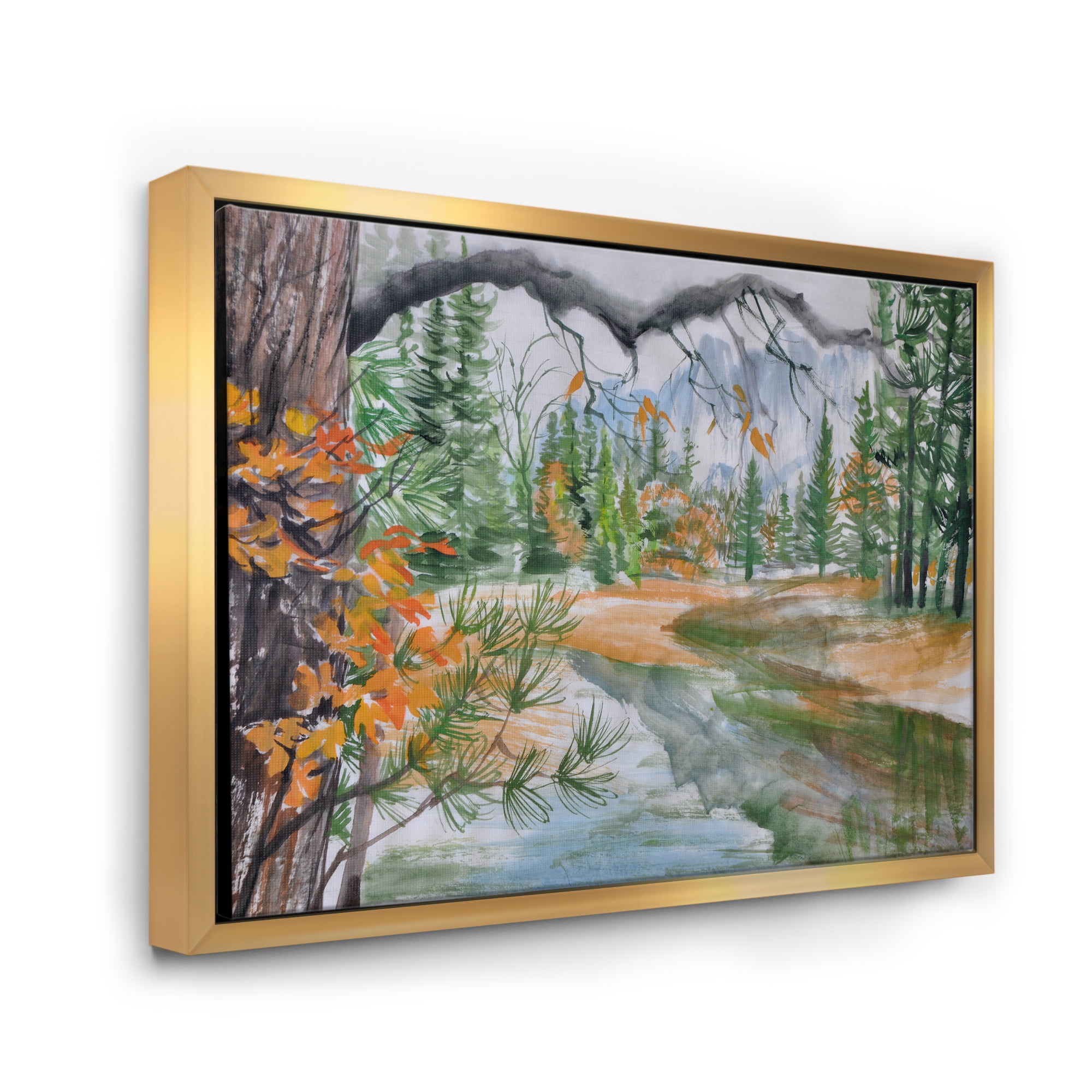 Trees With River In Autumn Forest 32 in x 16 in Framed Painting Canvas Art Print, by Designart