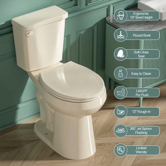 Basdien Tall Toilet 19 Inch for Seniors, ADA High Toilets, Comfort Bowl Heigh 19", Seat Height 20", Two-Piece Single Flush 1.28 GPF, 12 Inch Rough-in, Bone Color, for Small Bathroom