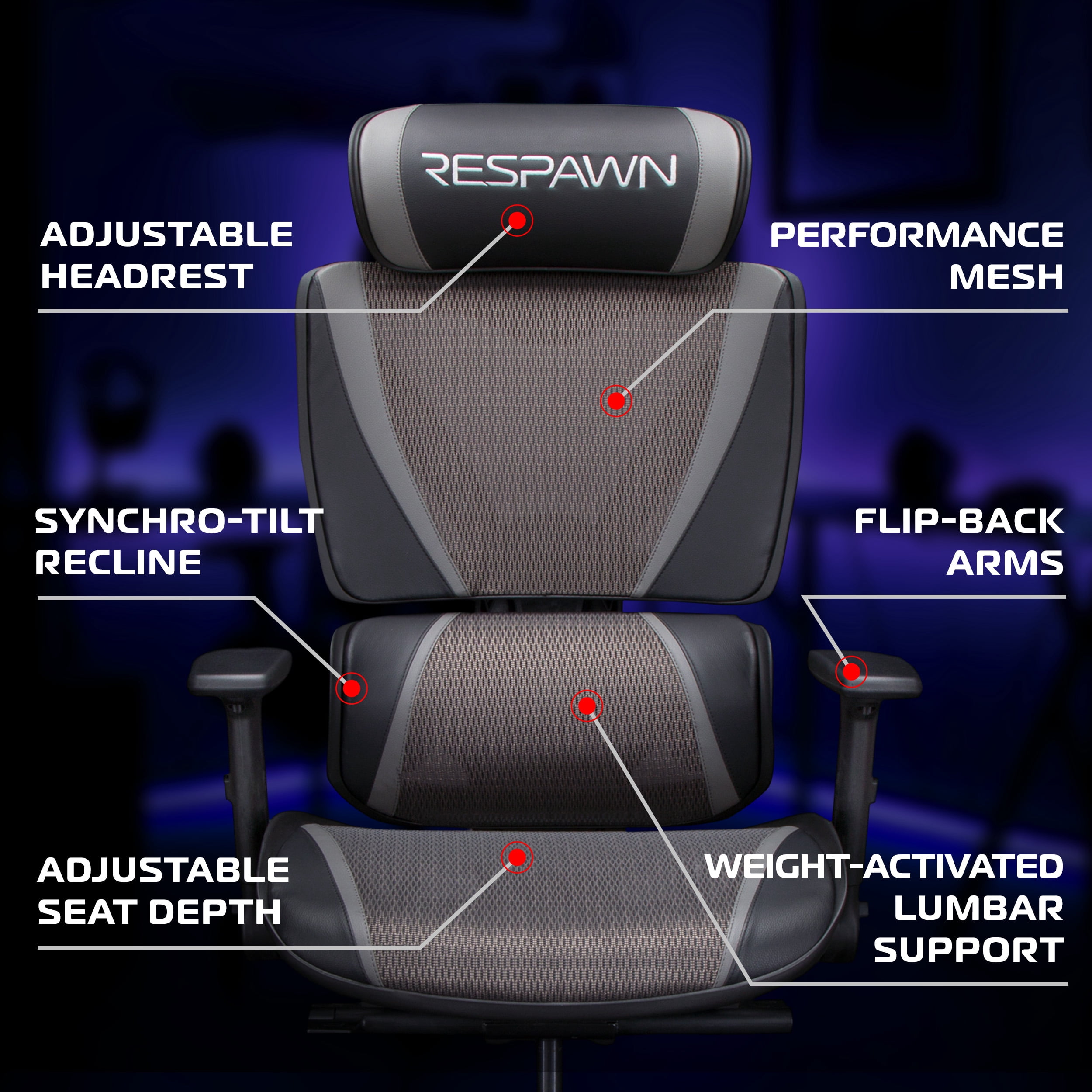 RESPAWN SPECTER Ergonomic Office Chair with Lumbar Support, Headrest, Adjustable Arms - Comfy Breathable Mesh Computer Desk Seat for Home Office, High Back Reclining Gaming Chairs for Adults - Gray