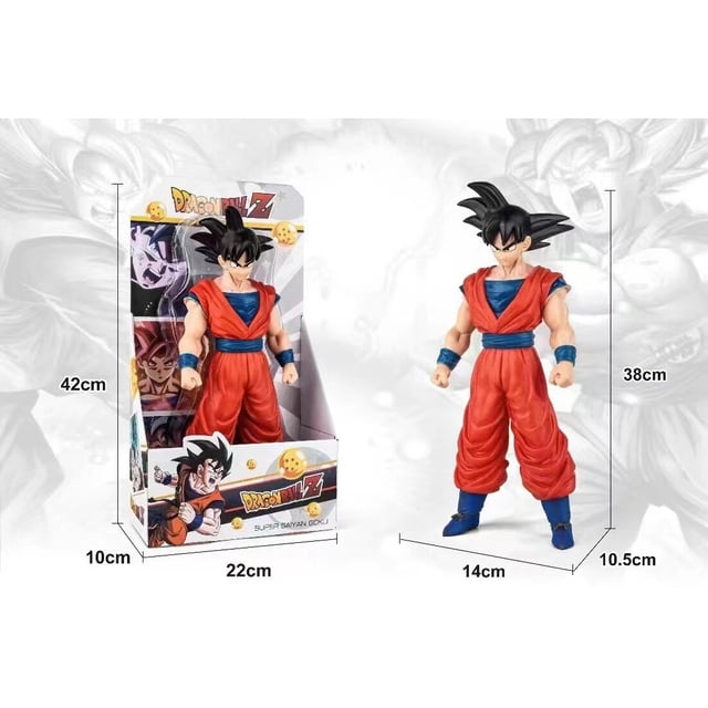 figuras de acción dragon ball z son goku, juguetes modelos en vinilo, 37cm02ninguna caja figura Son Goku de vinilo PVC de 37 cm en postura erguida, traje naranja con cinturón y botas azules, cabello negro puntiagudo y brazos musculares; vista frontal centrada con caja expositora a la izquierda; suele usarse para exhibición coleccionista.