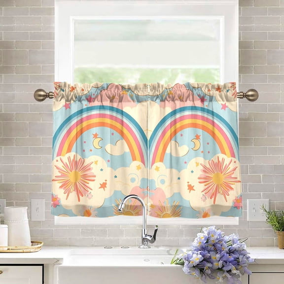 Yayeee Kitchen Curtains Tier Pair Light Filtering 27"x36" Rod Pocket Short Cafe Window Panel, Pink Retro Sun