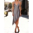 thumbnail image 4 of Grey Satin Slip Dress With Asymmetrical Lace Trim V-Neck Sleeveless Spaghetti Strap Cami, 4 of 8