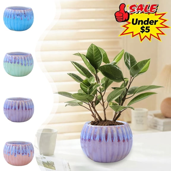 Qocolcyl Under $5 3.5"×2.5" Pumpkin Shaped Ceramic Succulent Planter, Blue Flowing Glaze Small Round Breathable Cactus Flower Pot for Tabletop Indoor Home Garden Decor,Blue