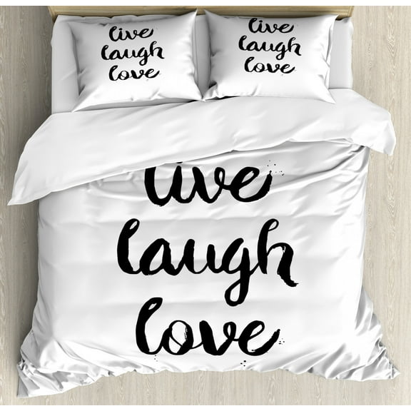 Live Laugh Love Queen Size Duvet Cover Set, Inspirational Slogan for Boosting the Motivation of People in Monochrome, Decorative 3 Piece Bedding Set with 2 Pillow Shams, Black White, by Ambesonne