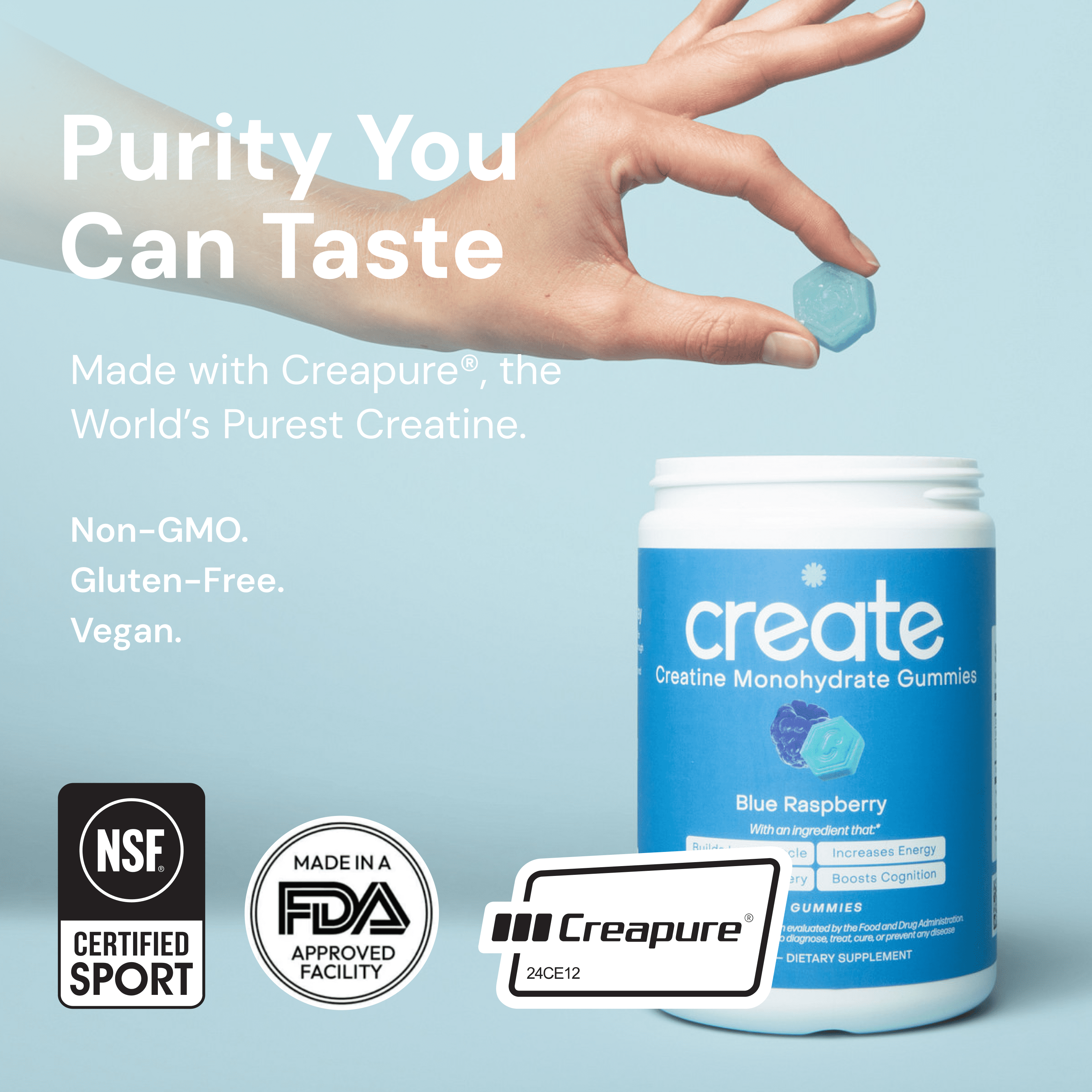 Create Blue Raspberry Creatine Gummies – 1.5g Creatine Monohydrate, Boost Strength & Focus, 90 Ct