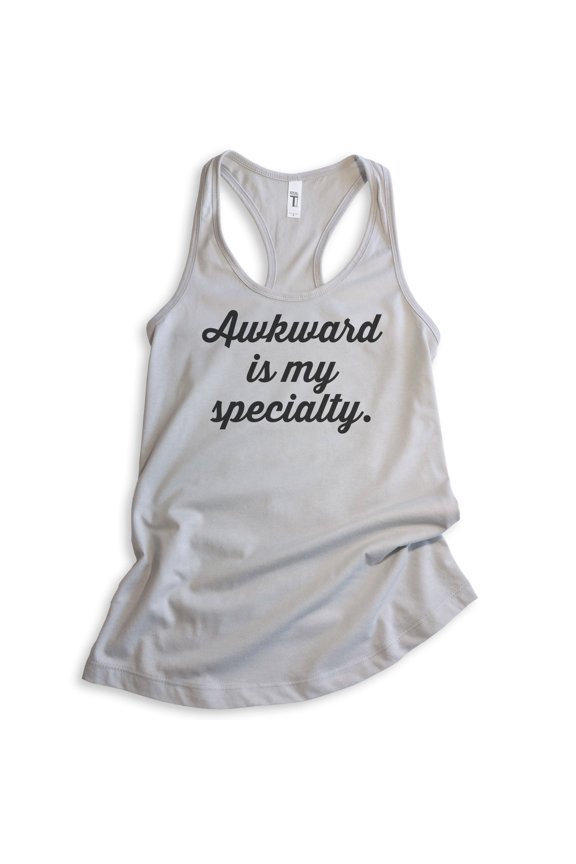 Awkward Is My Specialty Tank Top, Ladies Racerback Tank Top, Awkward Girl Tank, Silver Gray, Medium