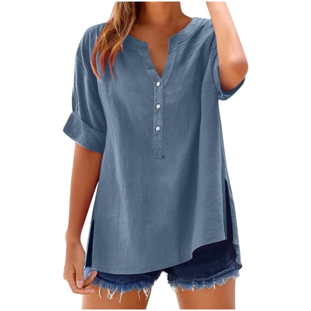 Vestidos Casuales Para Mujer, Blusas De Mujer De Moda Blusa de moda para mujer, de lino sintético y color liso, con cuello en V, manga corta, botones en el bajo y abertura.