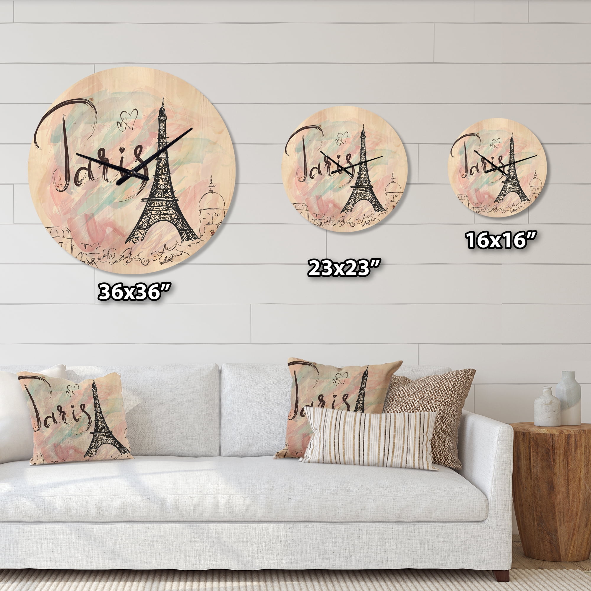 Designart 'Paris Eiffel Tower With Illustration II' Modern Wood Wall Clock