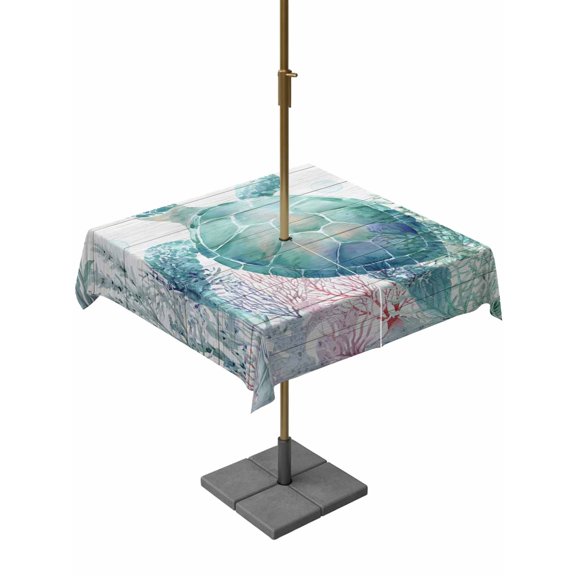 Outdoor Tablecloth with Umbrella Hole for Patio/Picnic/Party/Camping, Teal Sea Turtle Waterproof Table Cloth Square Cover Washable, Summer Coastal Coral Ocean Grey Wooden (60"x 60")