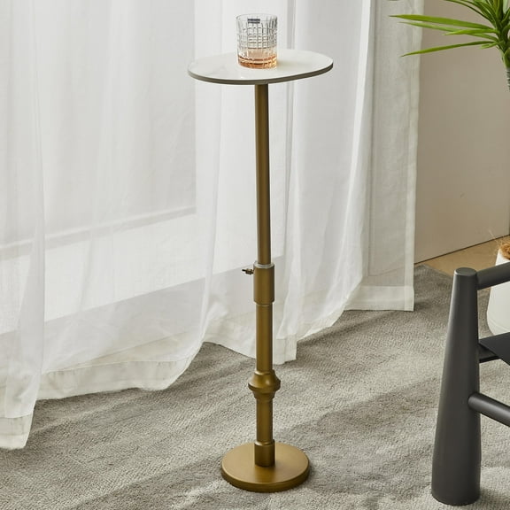 WHGBJA Small Round Metal Brass Height-Adjustable Side Table, Accent, End, Pedestal, Martini, Cocktail and Drink Table for Living Room and Small Spaces,Faux Marble Top Style Decor,White