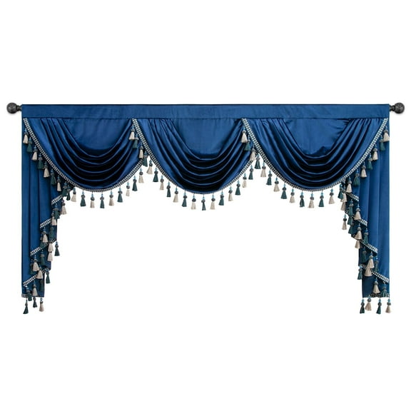 VOGOL Waterfall Valances for Living Room, Elegant Soft Velvet Swag Drapes with Tassels for Bedroom, Rod Pocket Banquet Decorations, Blue, W79 inch, 1 Panel