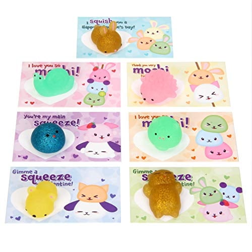 28 tarjetas de regalo del Día de San Valentín Juguete para niños Juguete Kawaii Glitter Mochi Squishy para apretar, intercambio de premios en el aula Fiesta de San Valentín Favor Juguete