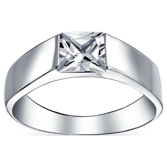 Bling Jewelry Womens Modern Simple CZ Square Cubic Zirconia Princess Cut Engagement Ring .925 Sterling Silver Plain Band