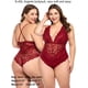 thumbnail image 5 of Lencería de entrepierna para mujer, body de encaje sexy con escote en V profundo, picardías de encaje de una pieza, XX grande, rojo oscuro-(con entrepierna a presión) Jormftte WRMH-261-22, 5 of 7