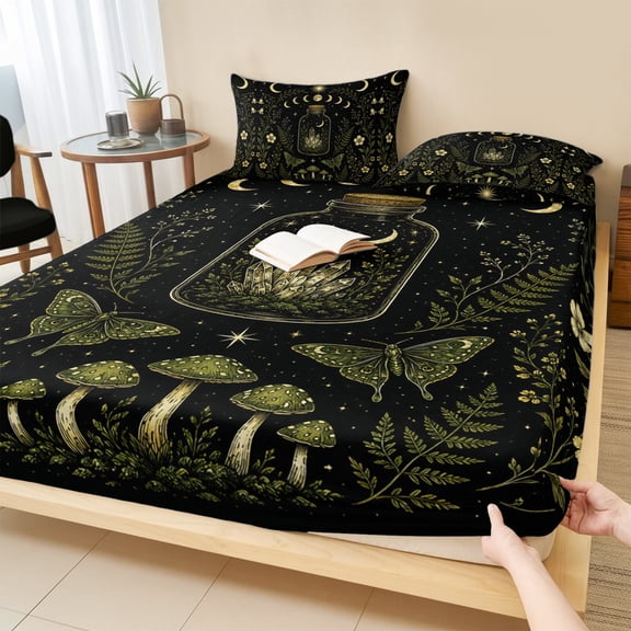 Twin XL Size Fitted Sheet Set - Mystic Black 2 Piece Bedding Sets 16" Deep Pocket Fitted Sheet with 1 Pillowcases, Butterfly Golden Sun Moon Stars Flowers Leaves Brushed Microfiber Hotel Bed Sheets