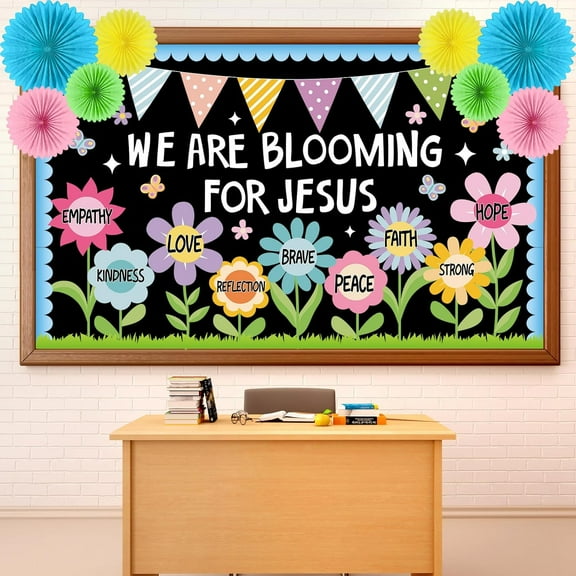 Religious Christian Bulletin Board Set Back to Sunday Church School Classroom Decoration Positive Floral Paper Fans 3D DIY We are Blooming for Jesus Cutouts for Classroom Chalkboard Wall Decor