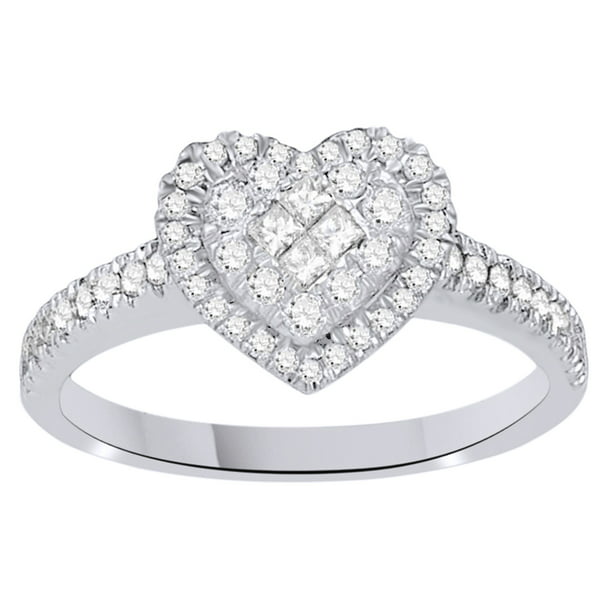 Jewel Zone US - White Natural Diamond Heart Cluster Ring In 14k White ...