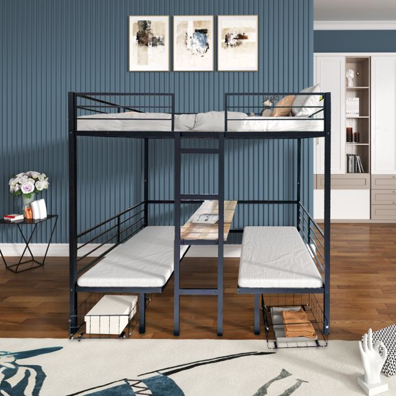 Newest Full Size Loft Bed with Table Set Transformable to Full over Full Bunk