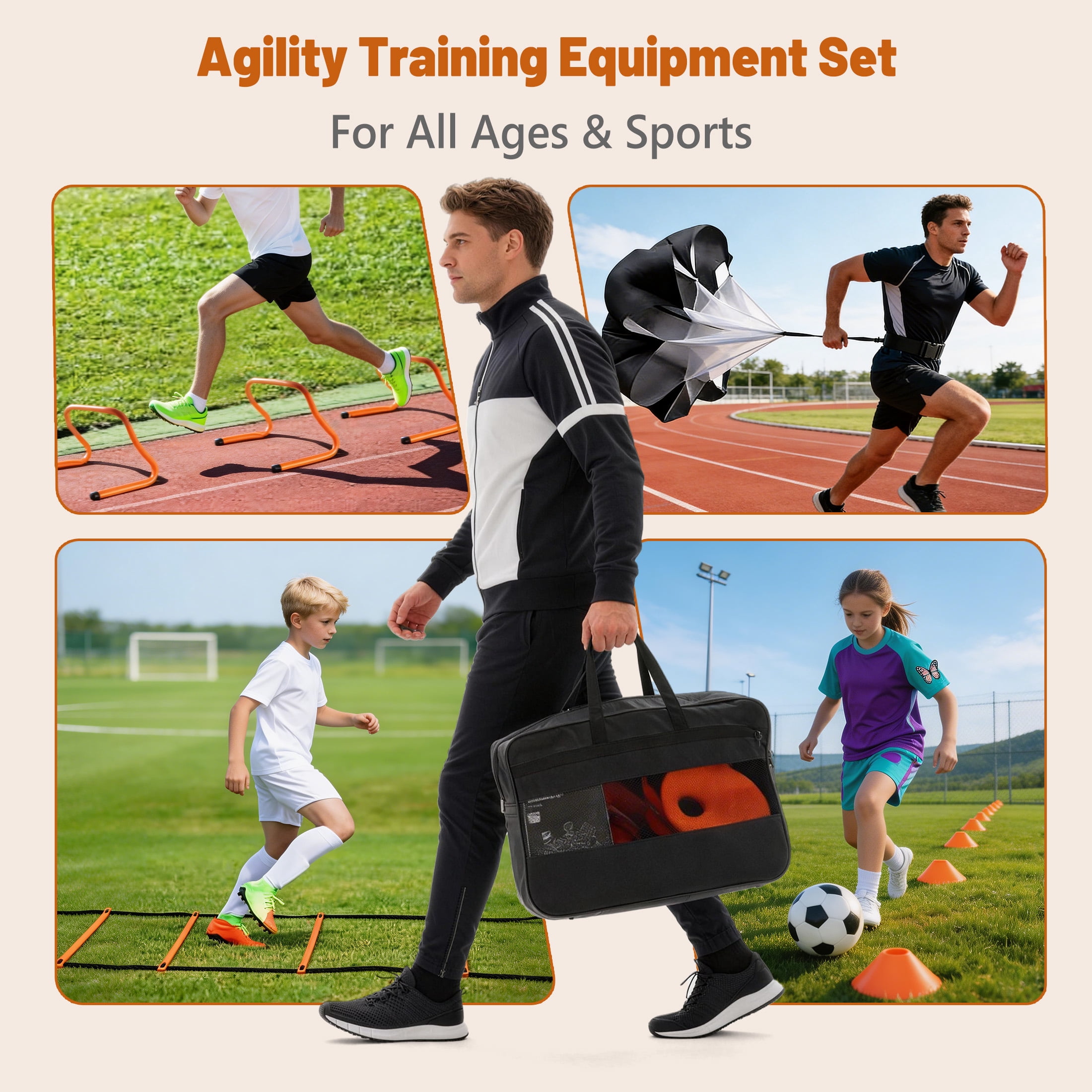 CONCETTA Agility Ladder Training Set with Speed Parachute, Hurdles, Cones, Jump Rope, Athletic Speed & Coordination Workouts Equipment, Orange