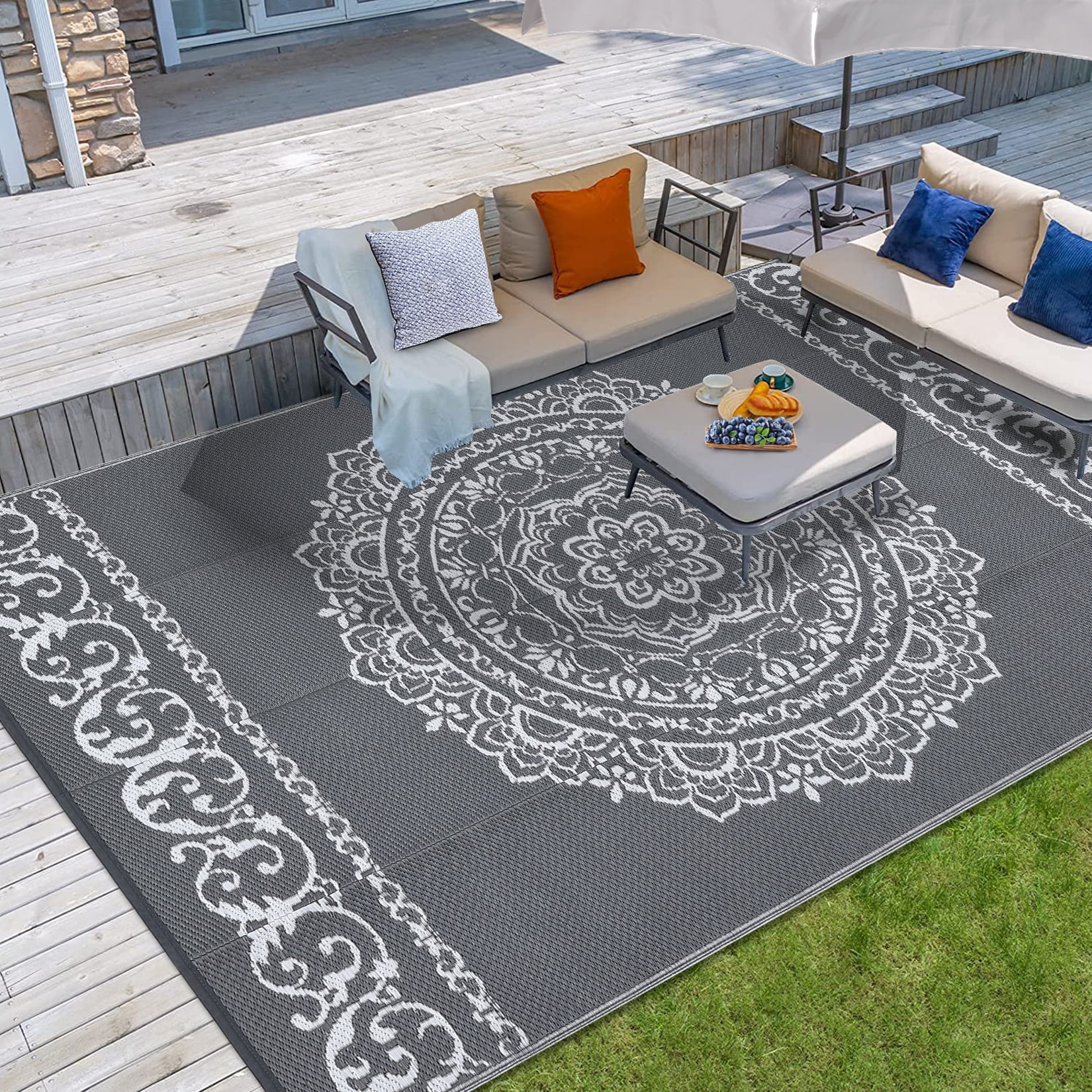 Haperlare 9'x12' Outdoor Rug for Patio, Waterproof Reversible Plastic Straw Rug Boho Indoor Outdoor UV Resistant Camping Carpet for RV, Backyard, Deck, Picnic, Gray and White
