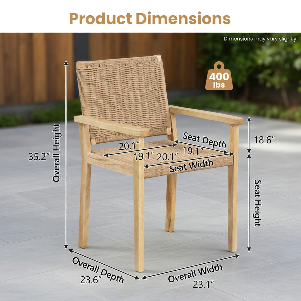 Hommoo Rubber Wood Dining Chairs Set of 2, Indoor & Outdoor Woven Paper Rope Chairs, Ideal for Patio, Balcony, Living Room & Kitchen, Natural